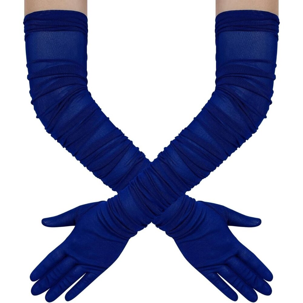 Women's Royal Blue Stretchy Tulle Spandex Mesh Sheer Satin Long Glove Party Prom